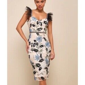 Lulus Embroidered Mesh Midi Dress Size S Black Ruffle Straps Floral Sequin